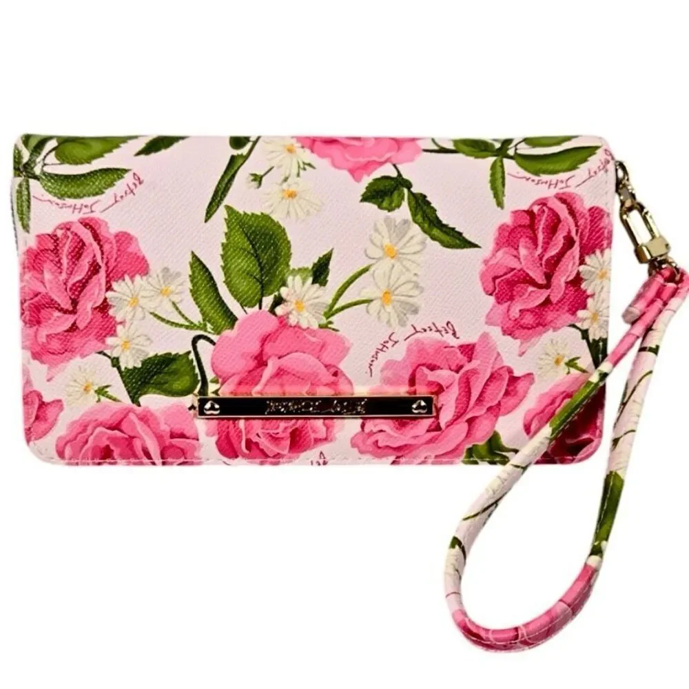 NWT Betsey Johnson Pink & White Floral Bohemian Wristlet around Gold Zip Wallet